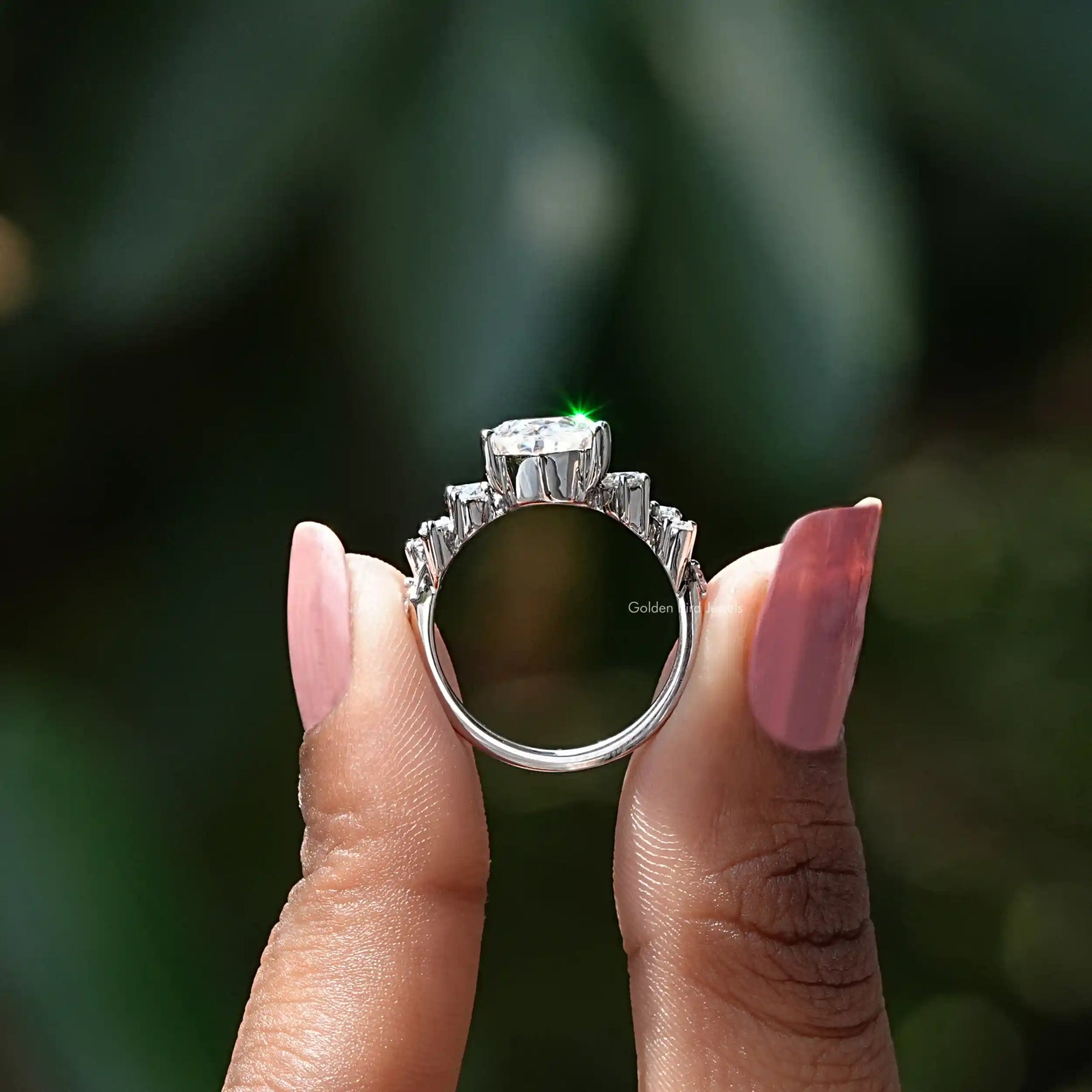 Back view of moissanite engagement ring in a secure setting