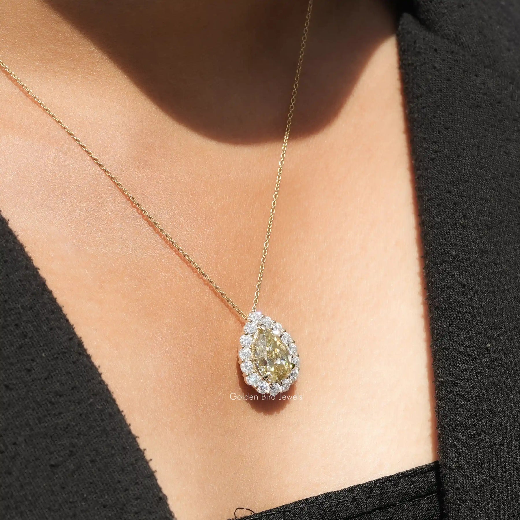 In front view of moissanite Pear cut pendant