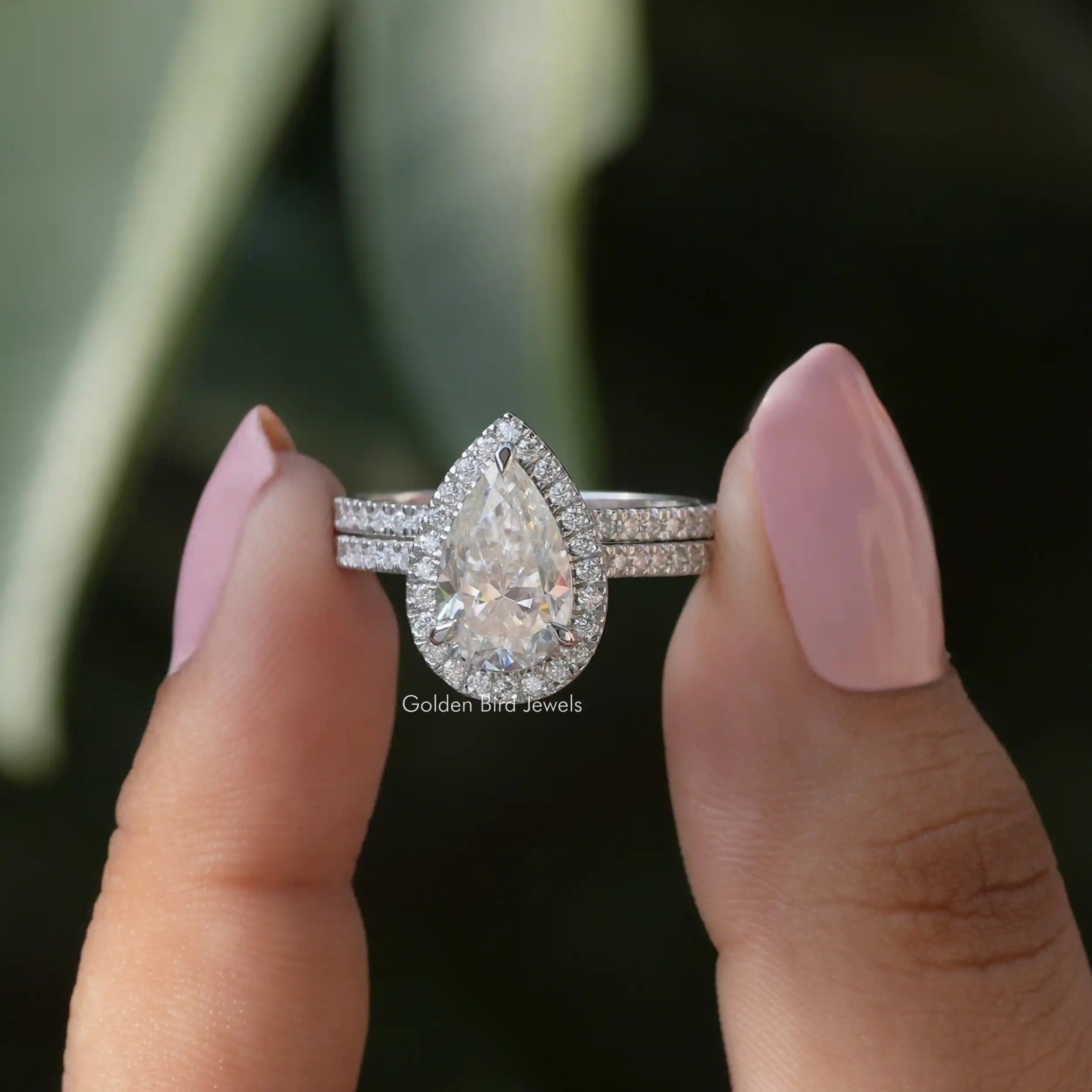 Pear Shaped Halo Engagement Ring With Wedding Band
