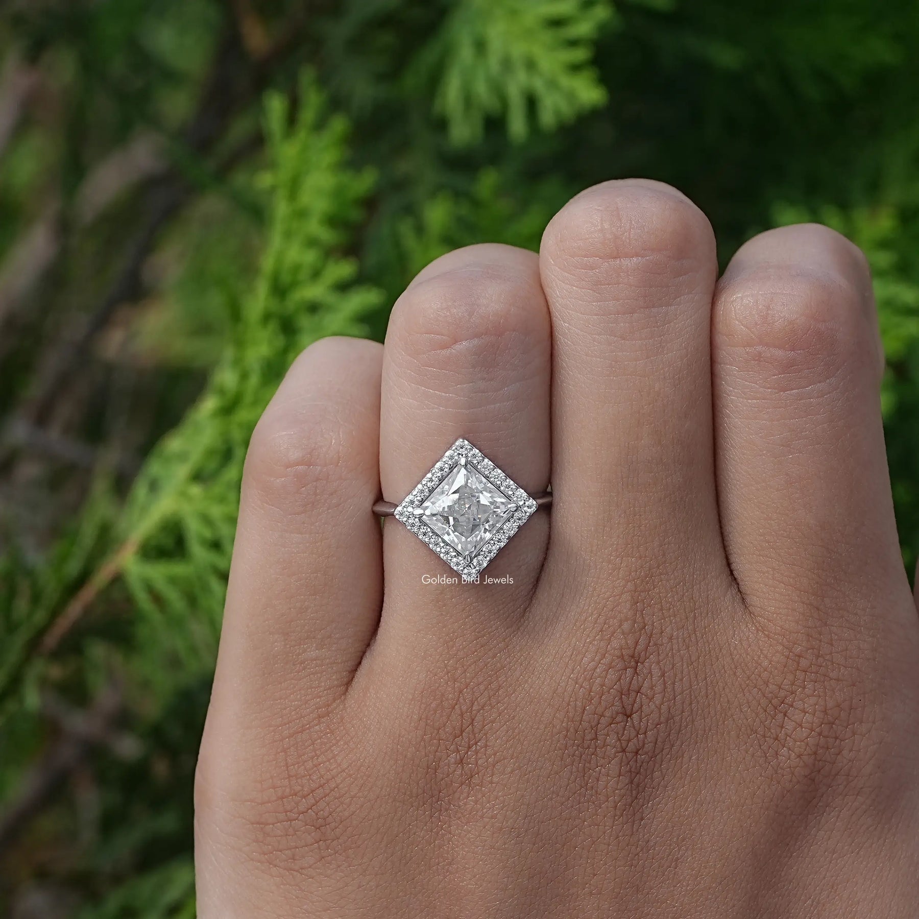In finger front view of Princess Cut Lab Diamond Ring