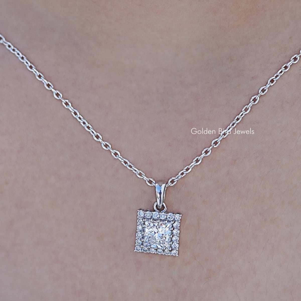 Close up view of Lab Grown Princess Cut Halo Pendant