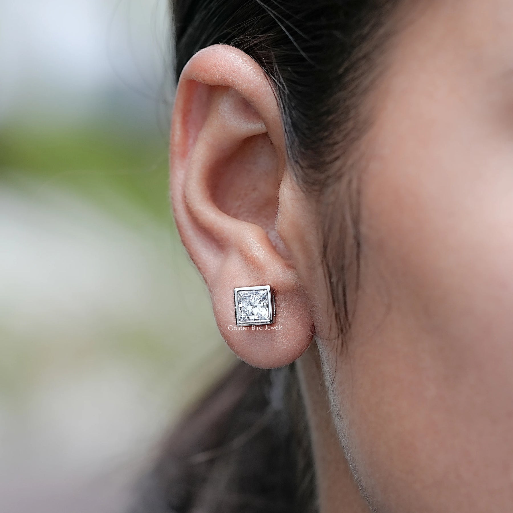 Bezel Set Princess Lab Diamond Stud Earrings