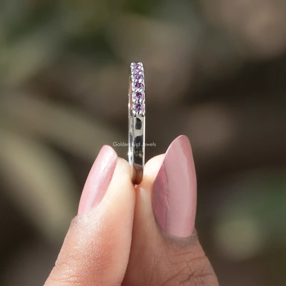 Side View of Purple Amesthyst Round Gemstone Half Eternity Band