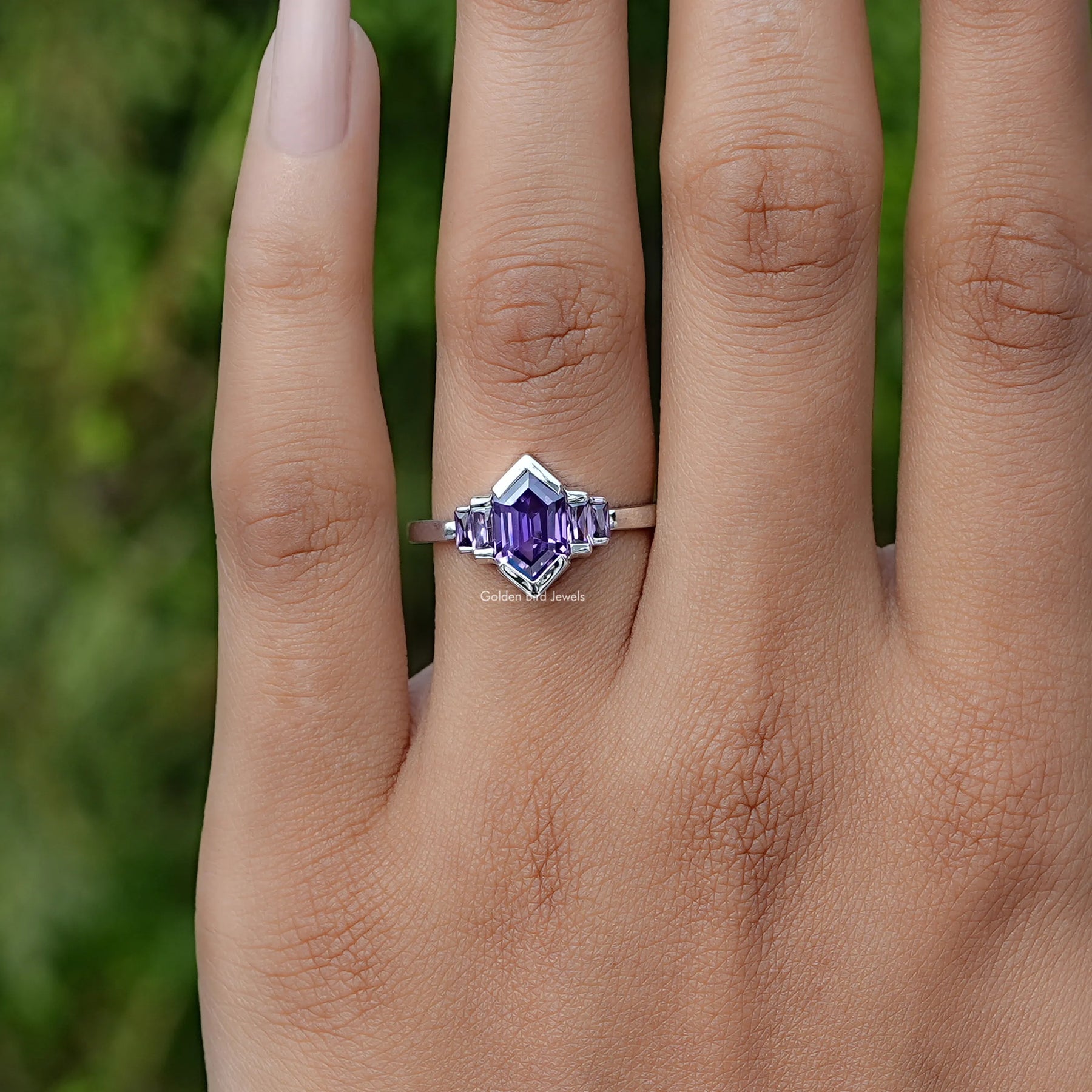 Detailed View of Hexagon Shaped Gemstone Engagement Ring In White Gold