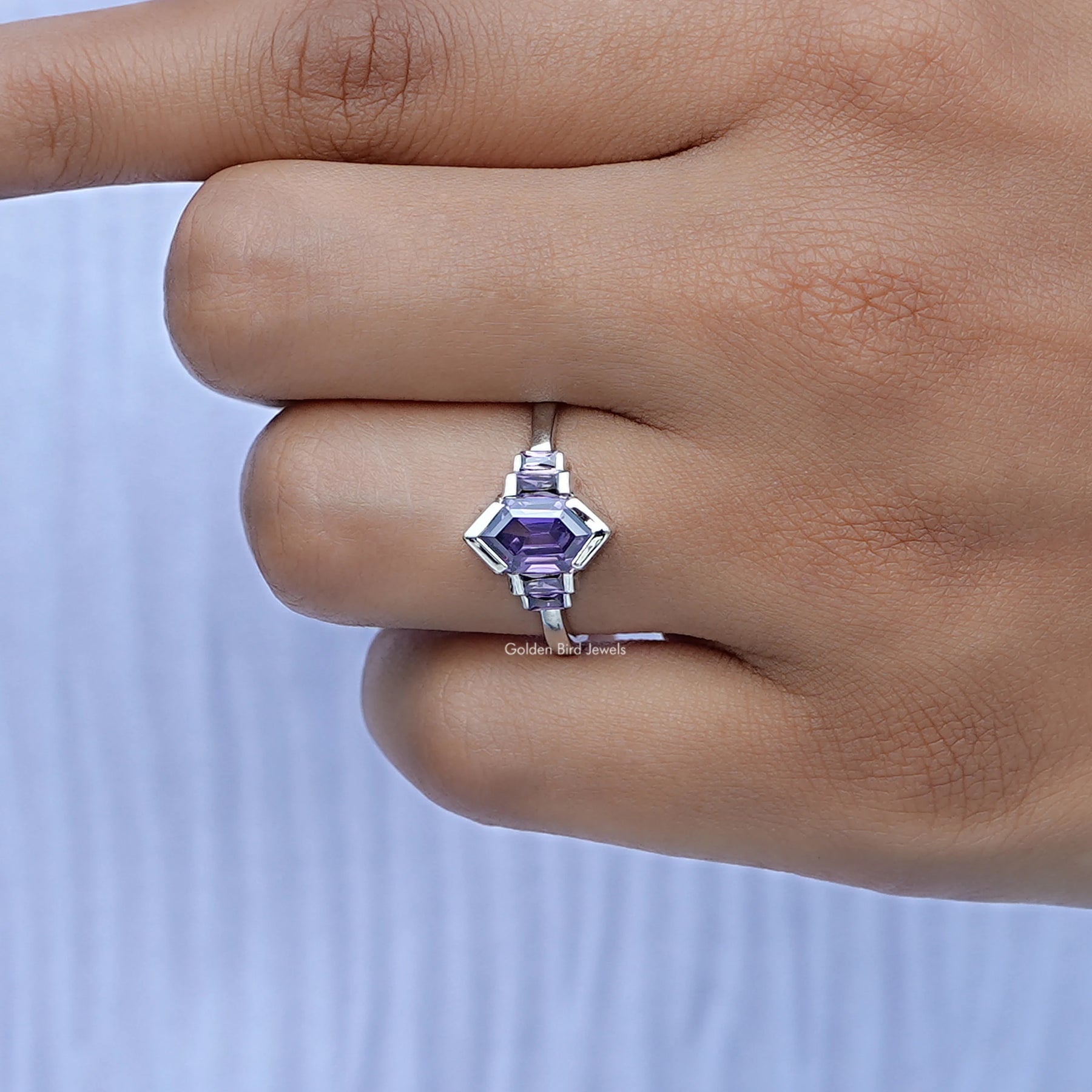 View of Hexagon Amethyst Gemstone Bezel Ring In White Gold
