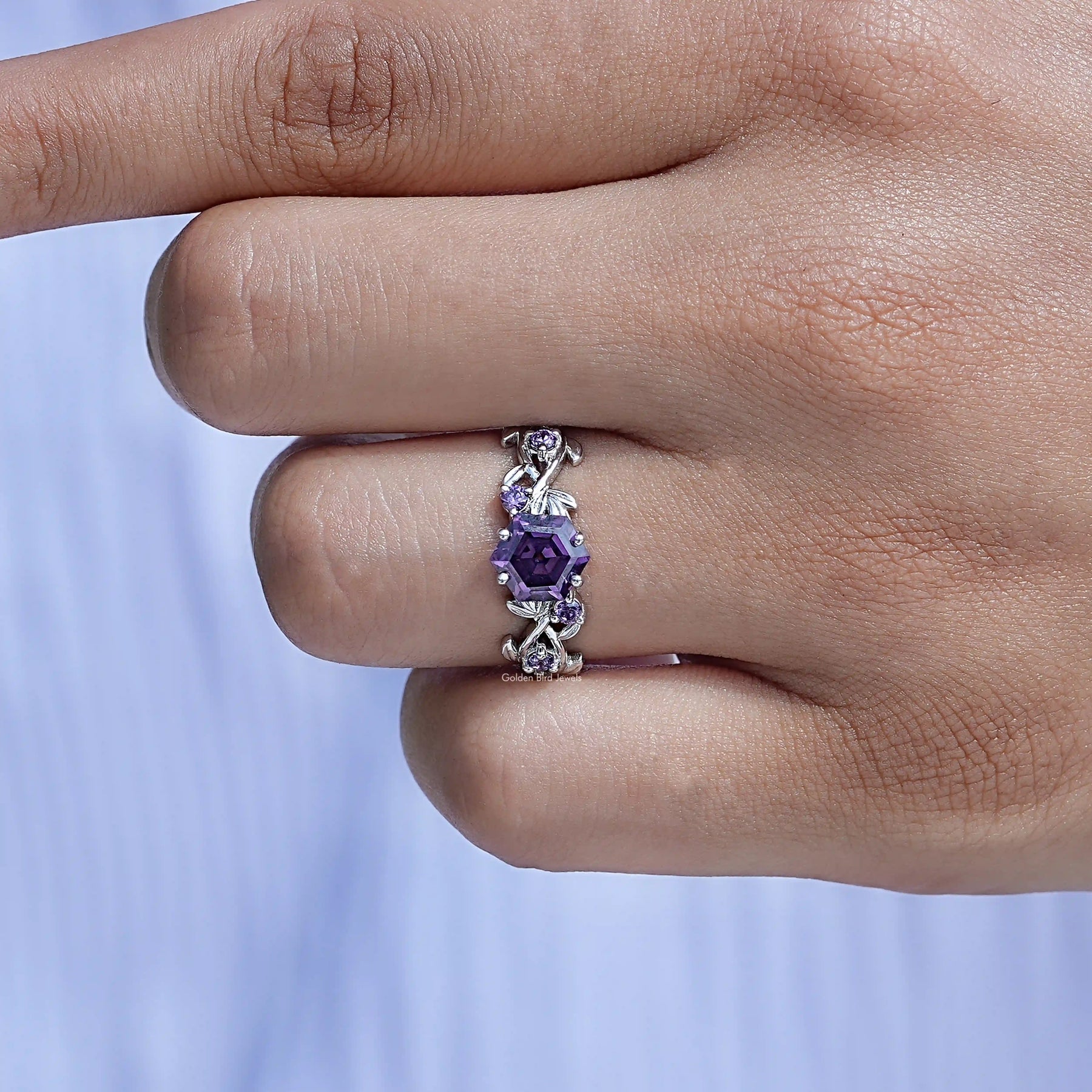 Detailed View Of Round Cut Leaf Engagement Ring