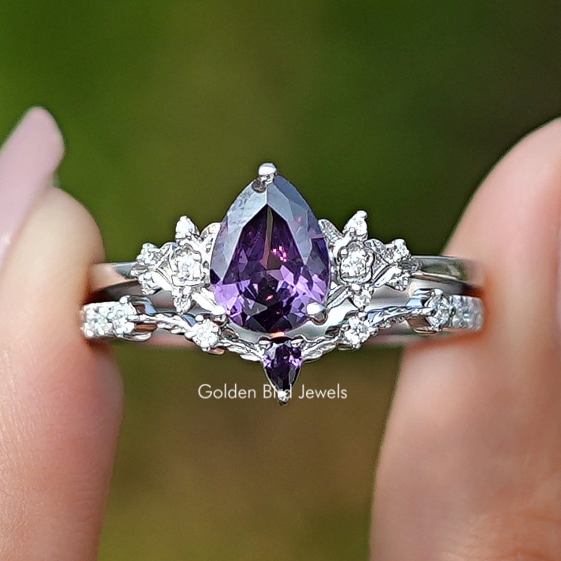Purple Amethyst Pear Gemstone Ring Set