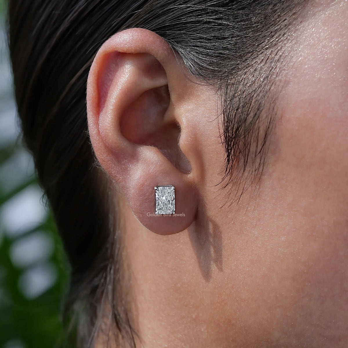 In Ear View Of diamond Stud Earrings in four prongs setting