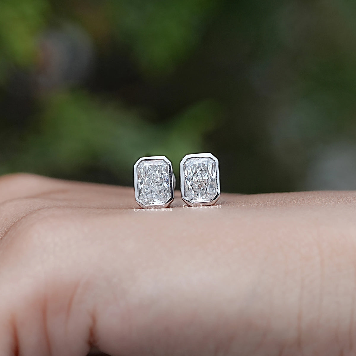 Front view of Radiant Cut Lab Grown Diamond Stud Earrings