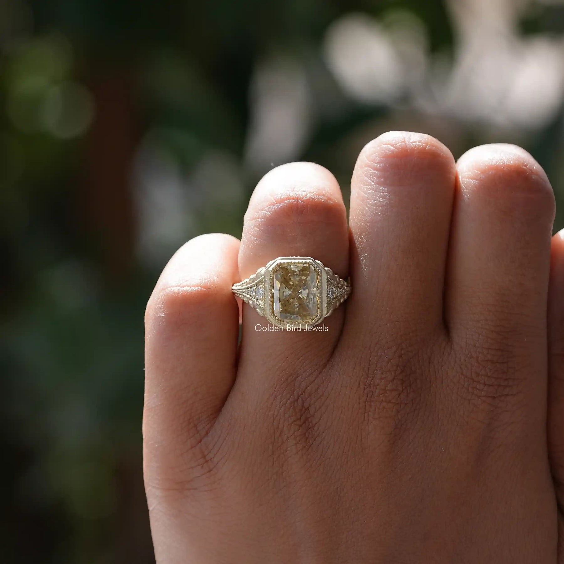 View of Radiant Cut Milgrain Accent Stone Ring In finger