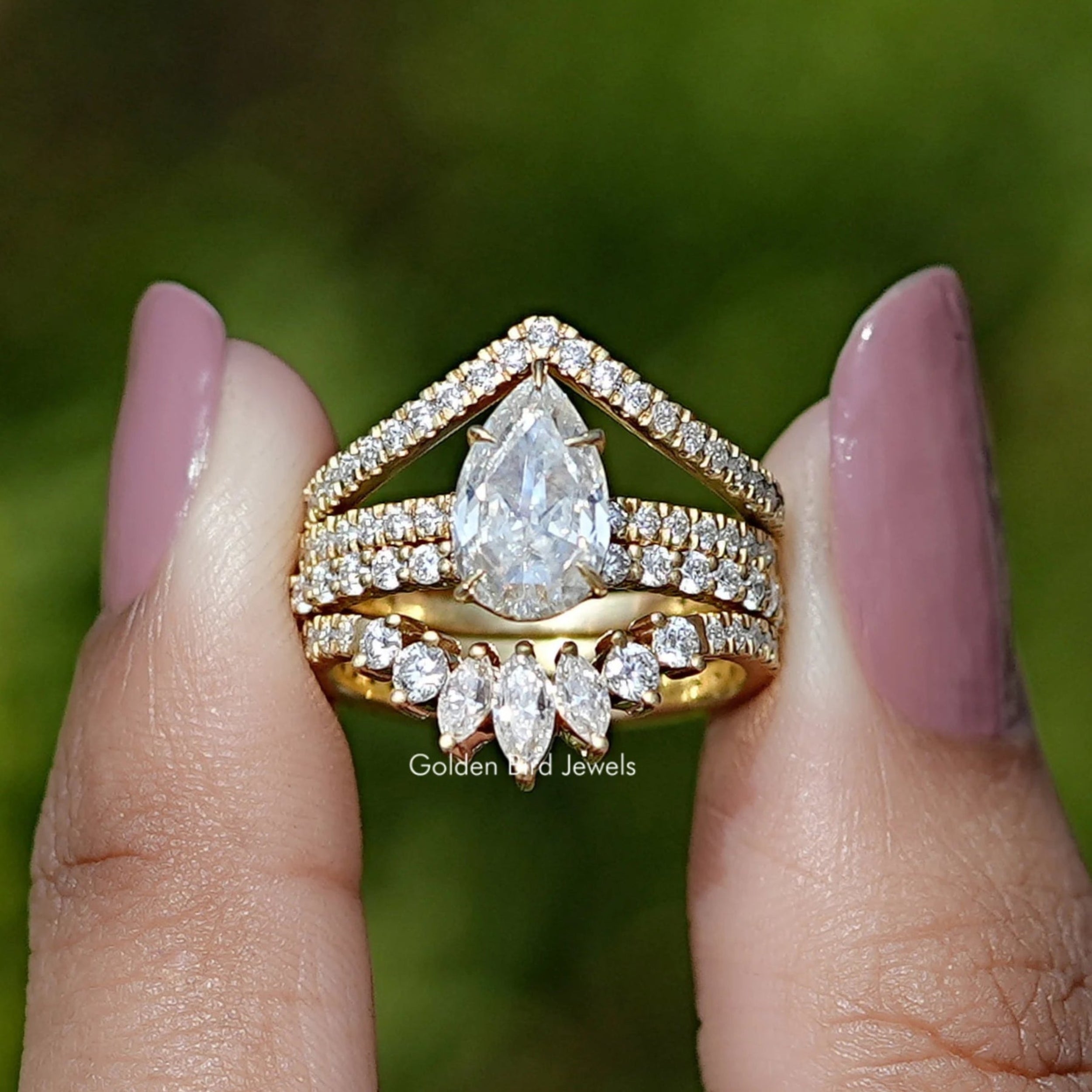 Rose Cut Pear Bridal Ring Set