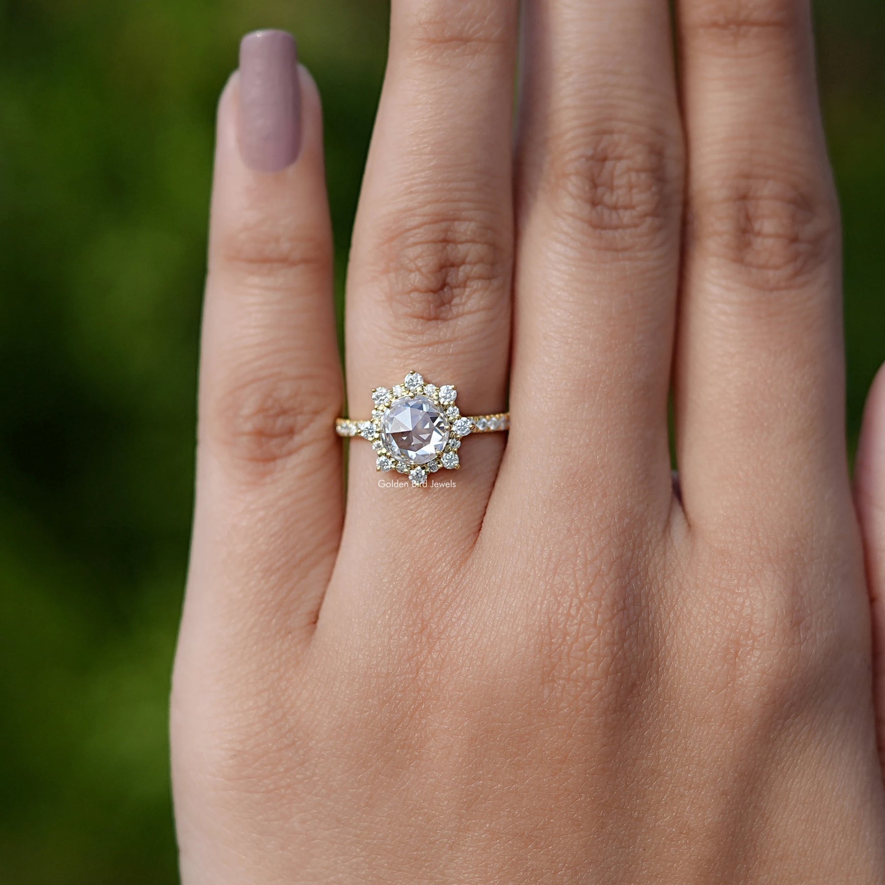 View of Rose Cut Round Moissanite Engagement Ring In White Gold