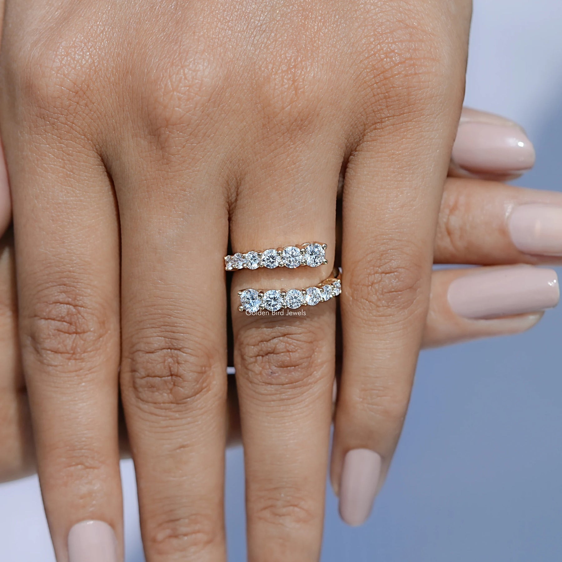 View of Lab Diamond Bypass Wedding Band in prongs setting