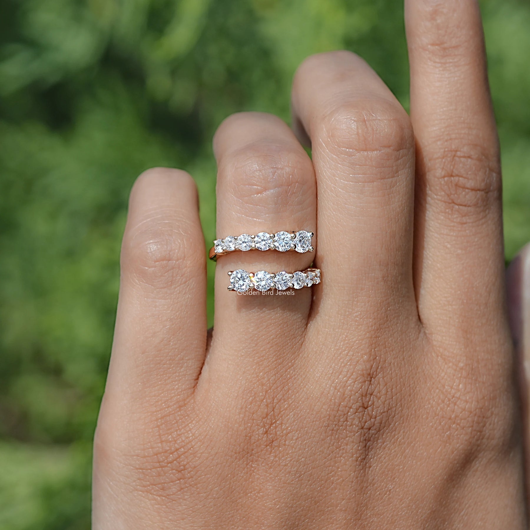 In finger front view of Lab Diamond Bypass Wedding Band