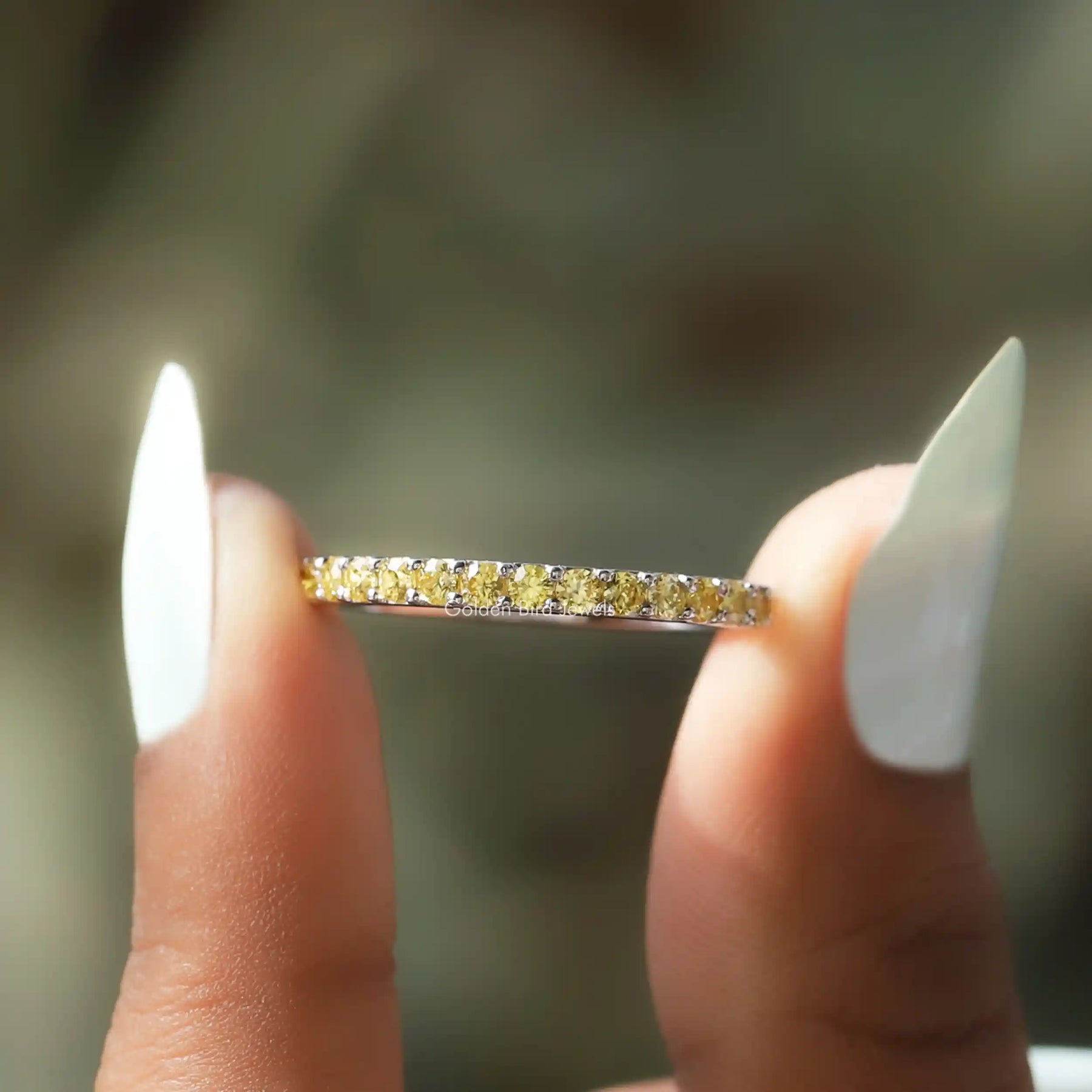Front View of Round Citrine Gemstone Half Eternity Band In two Fingers