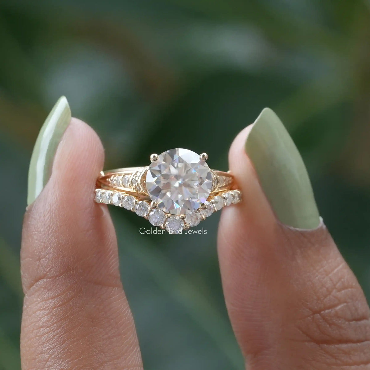 [Front view of round cut accent stone engagement ring made of wedding band]-[Golden Bird Jewels]