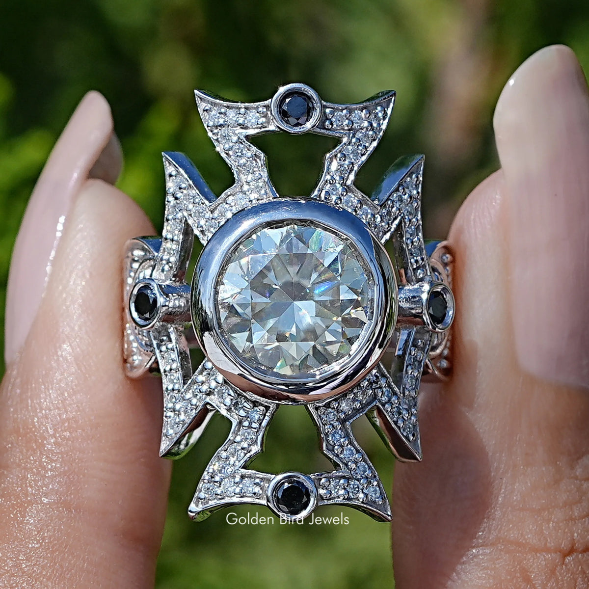 Front view of Round Cut Moissanite Art Deco Vintage Ring