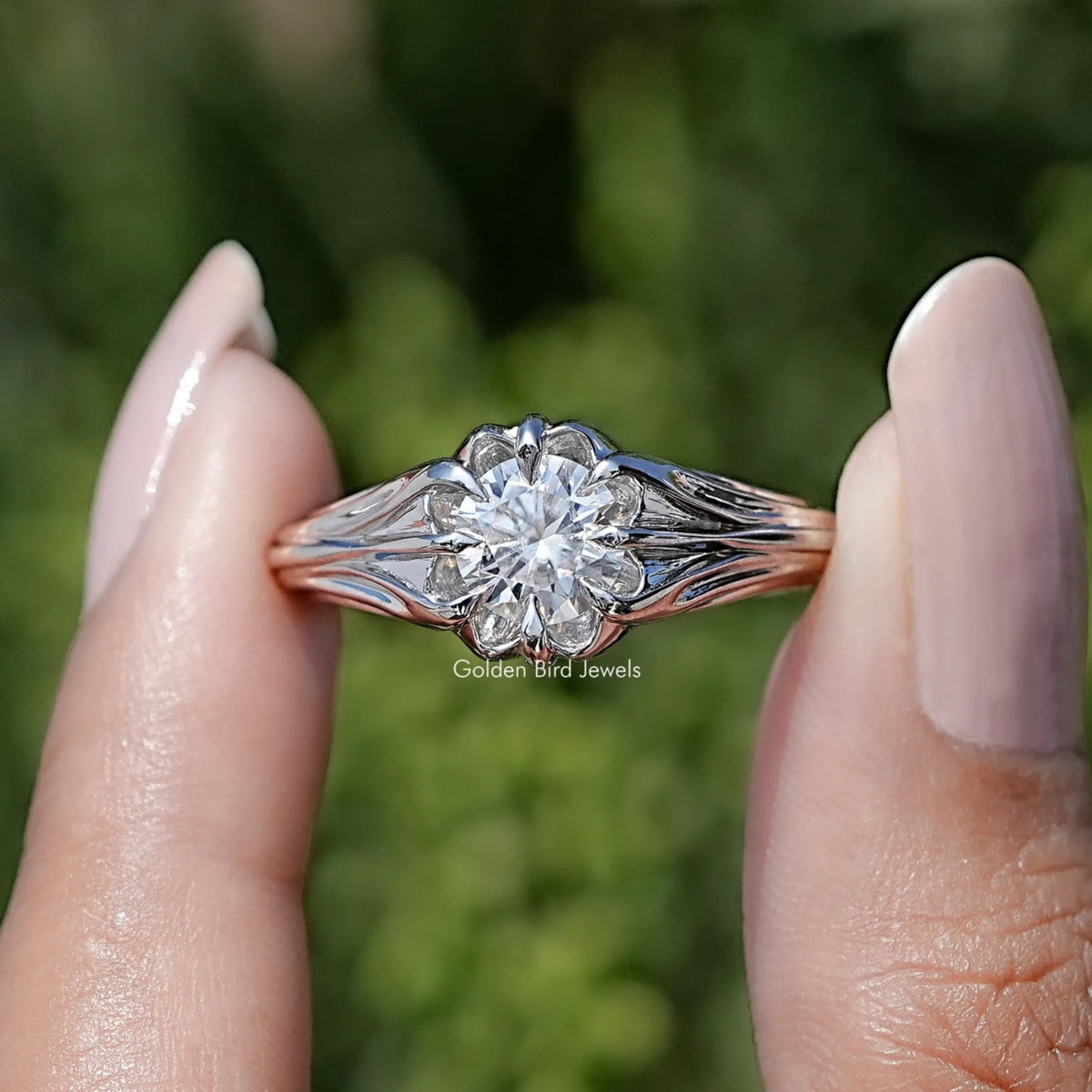 Round Cut Colorless Moissanite Engagement Ring