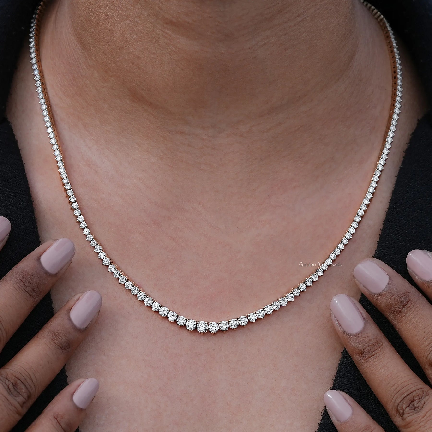 Neck View Of Graduated Round Cut Lab Diamond Necklace