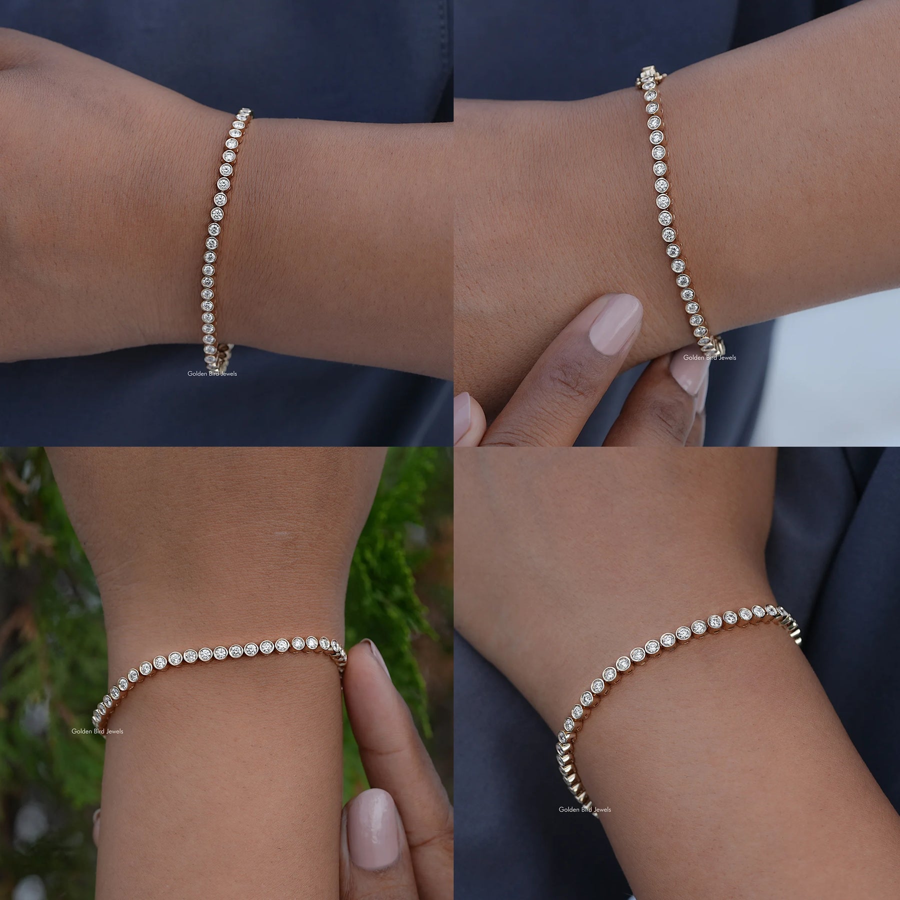Front Back Side And Detailed View Of Lab Diamond Round Cut Tennis Bracele