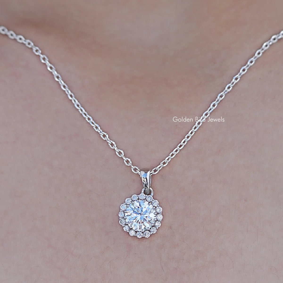 Close up view of Round Cut Lab Diamond Halo Pendant