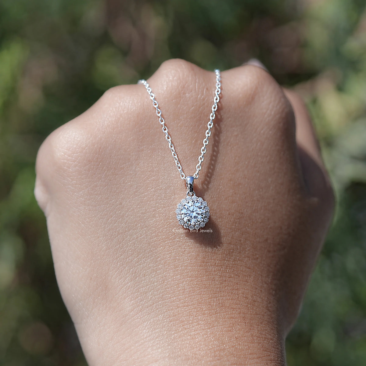 Front View of Round Cut Diamond Halo Pendant Necklace