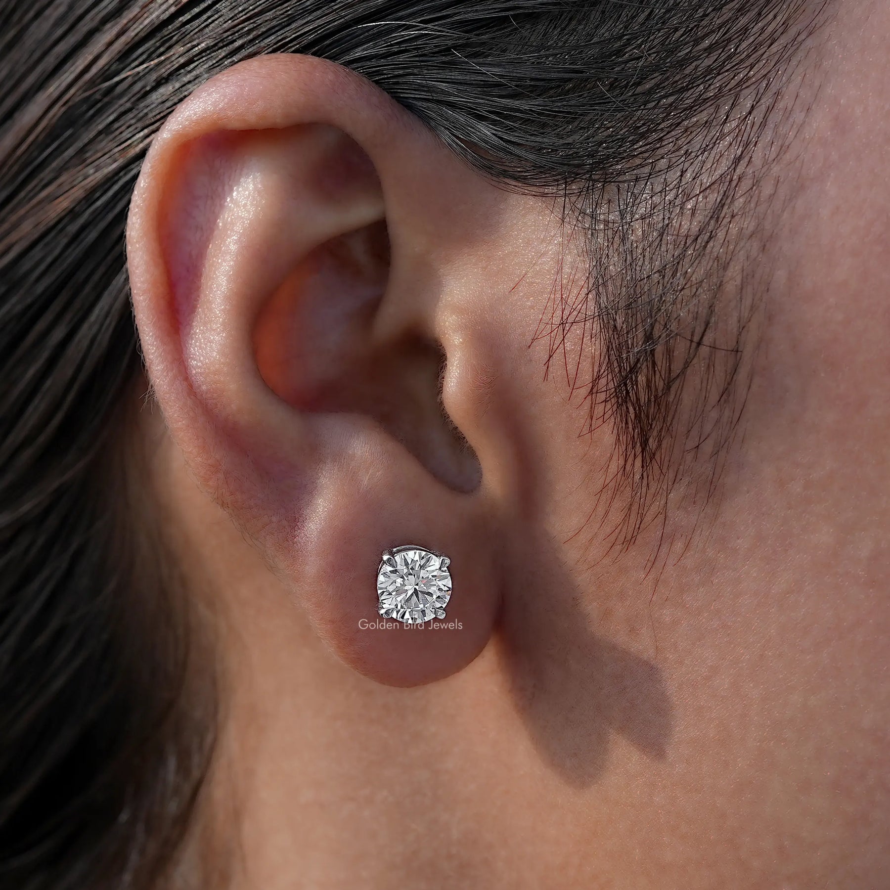 In-Ear View Of lab diamond Stud Earrings in four prongs setting