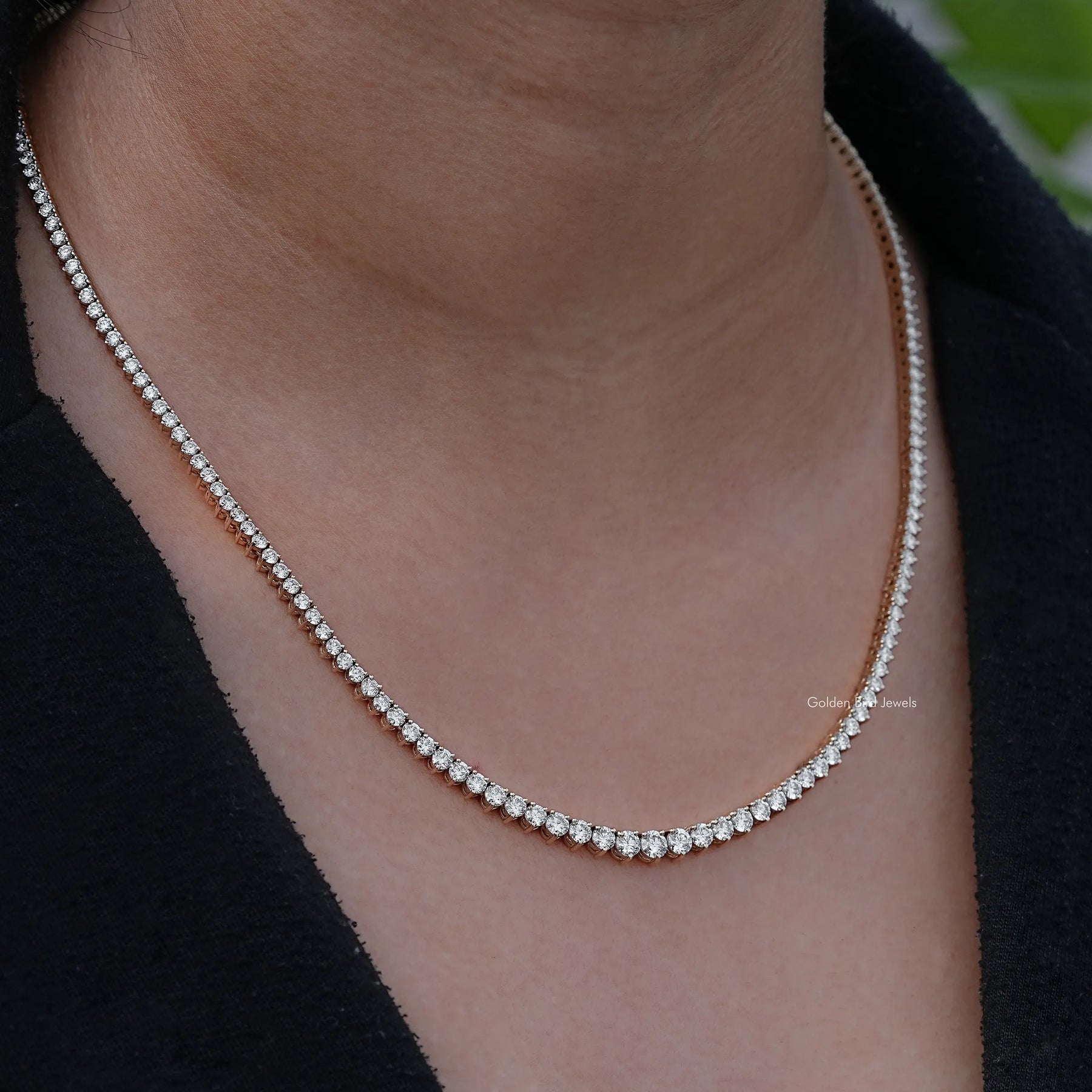 In Neck View Of White Gold Round Cut Lab Diamond Tennis Necklace