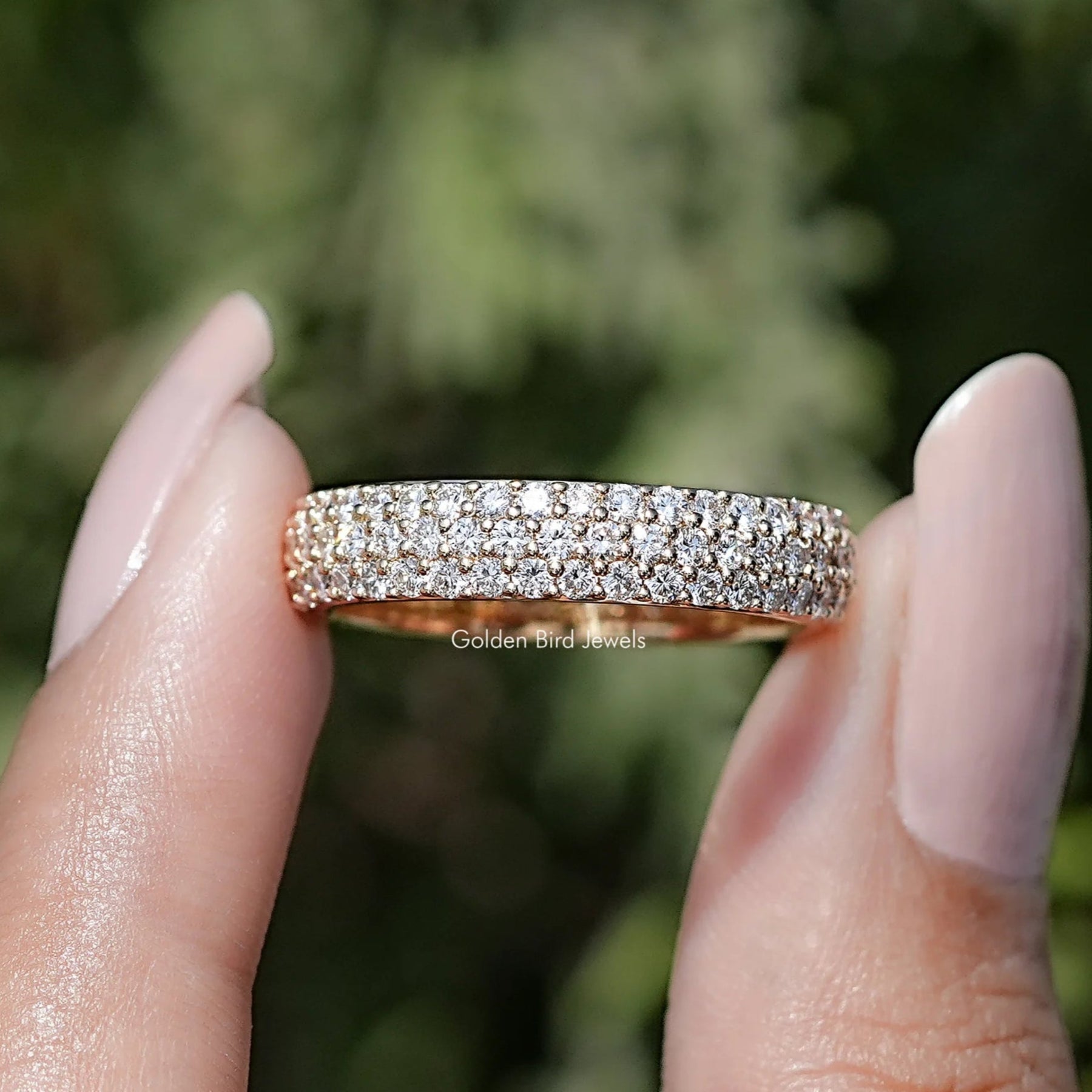 Round Cut Lab Diamond Three Row Pave Band Between Two Fingers