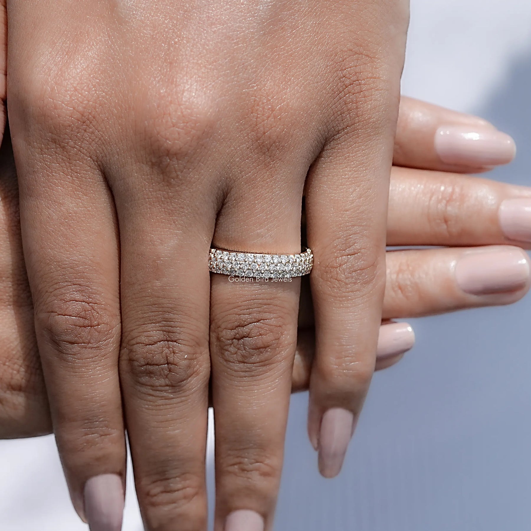 Top view of Round Cut Lab Diamond Three Row Pave Band