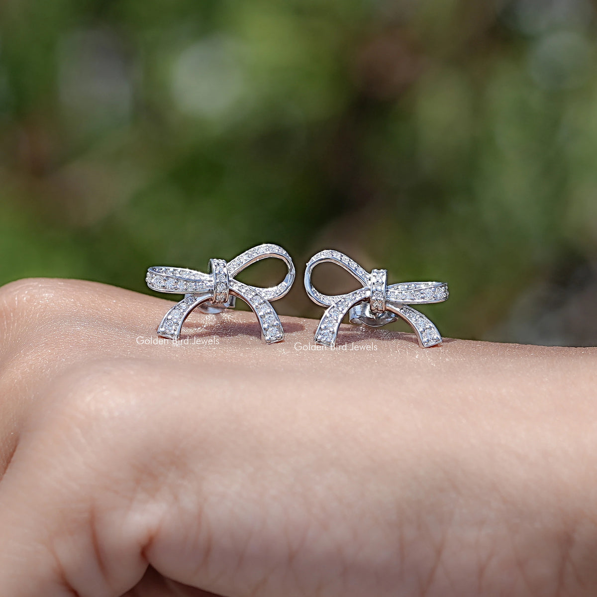 Pair Of a Round Cut Lab Diamond Ribbon Bow Stud Earrings