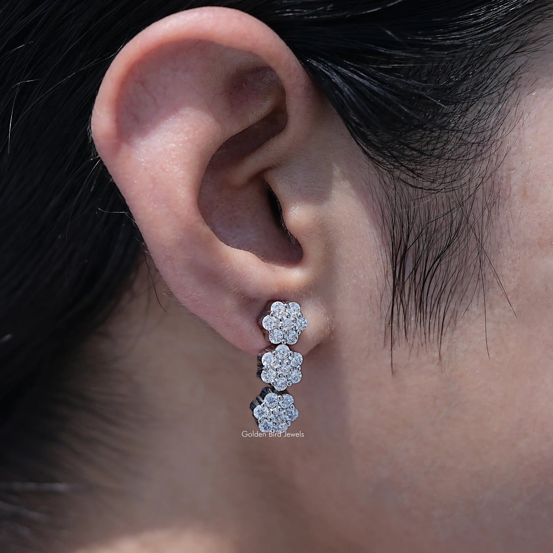 Round Moissanite Flower Style Cluster Earrings