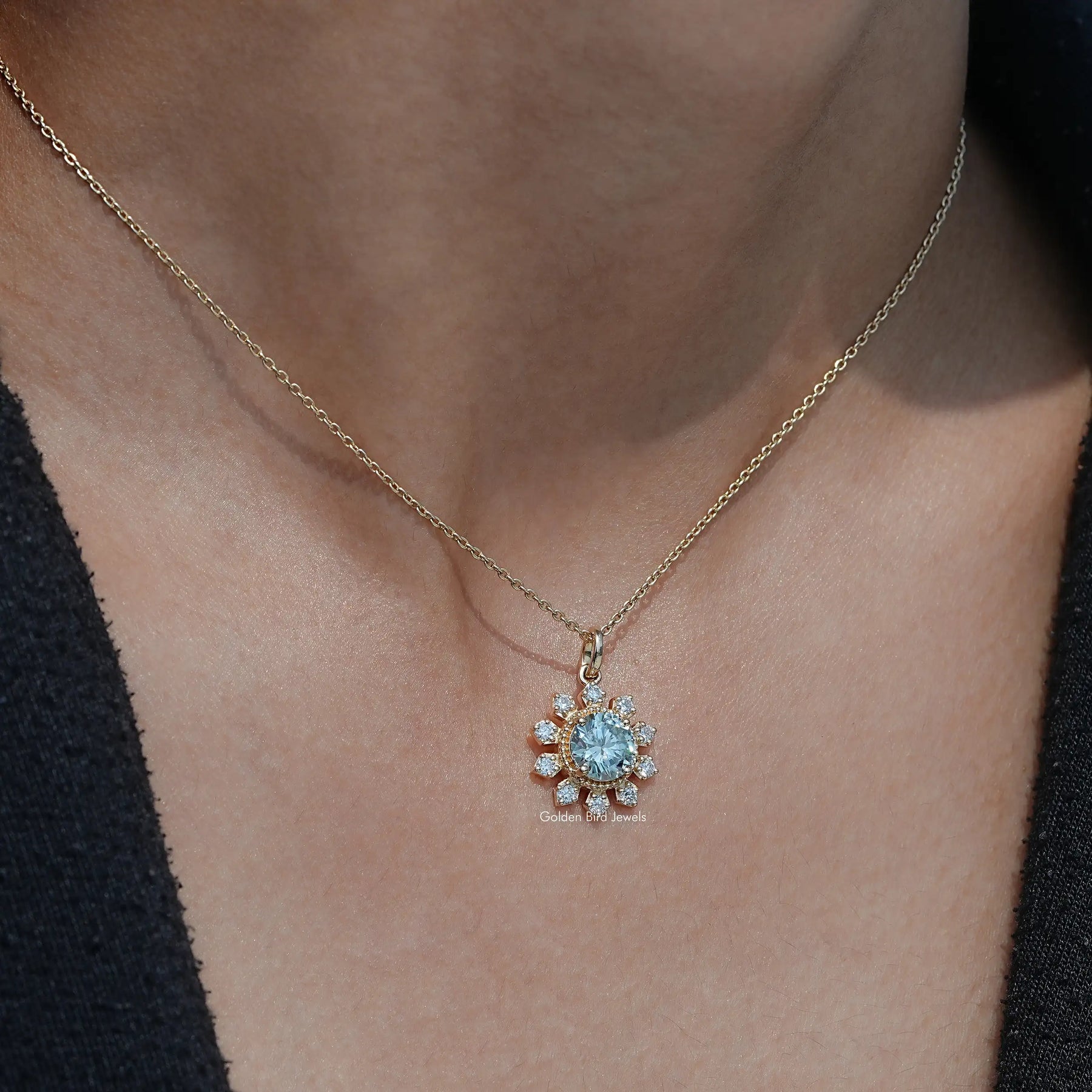 In neck view of round cut moissanite halo pendant