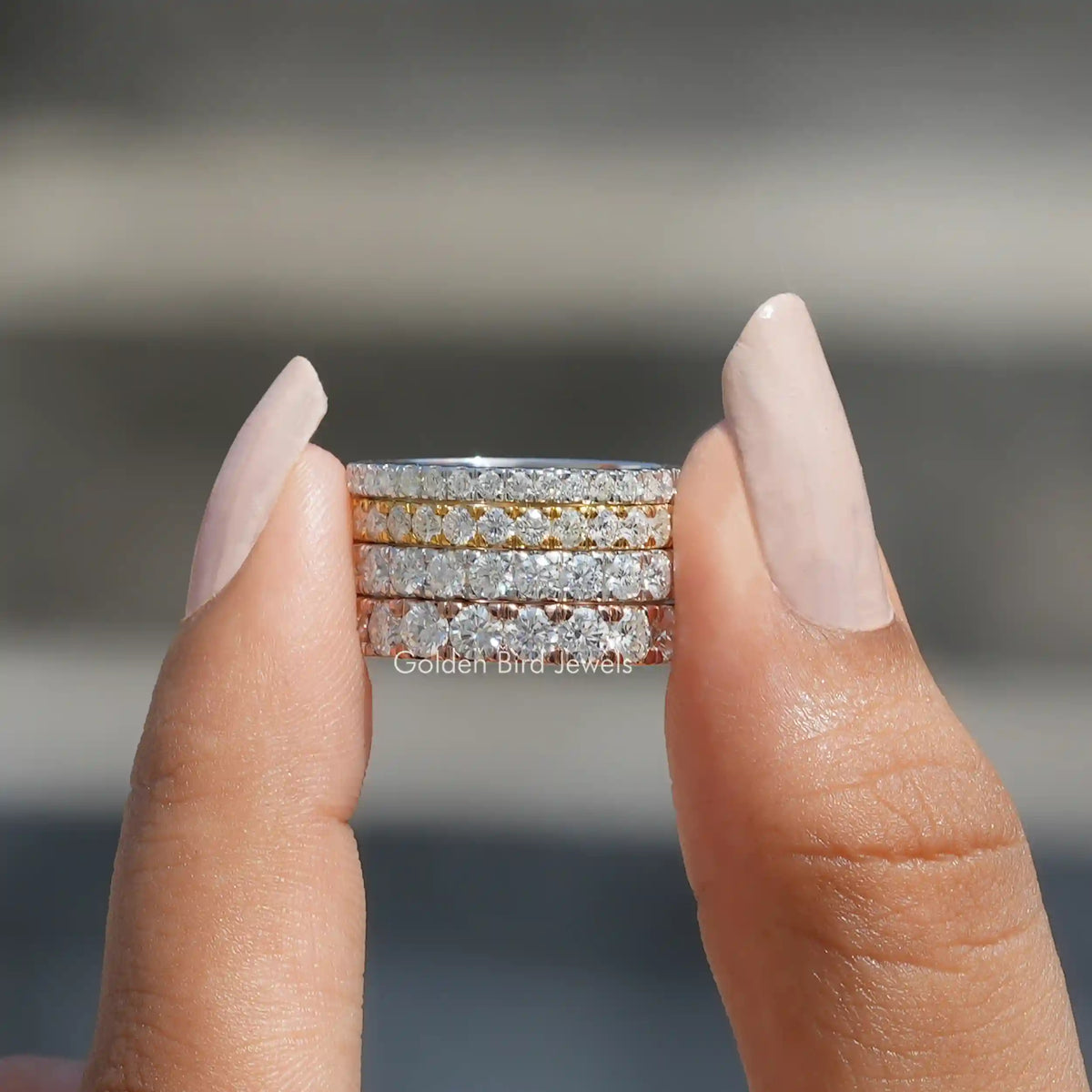 [In two finger front view of round cut eternity bands made of prong setting]-[Golden Bird Jewels]