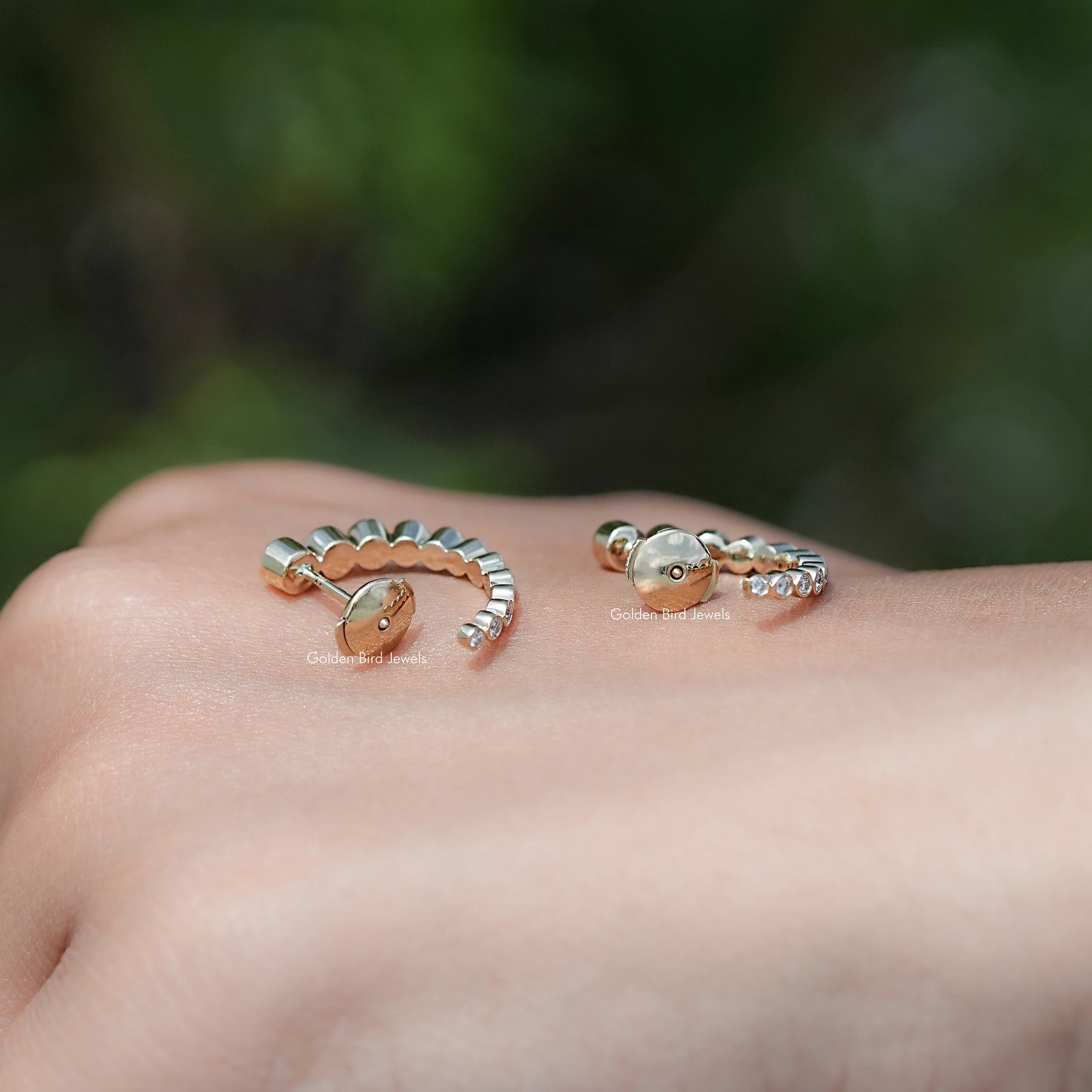 Front And Back Side View Of Moissanite Graduated C Hoop Earrings