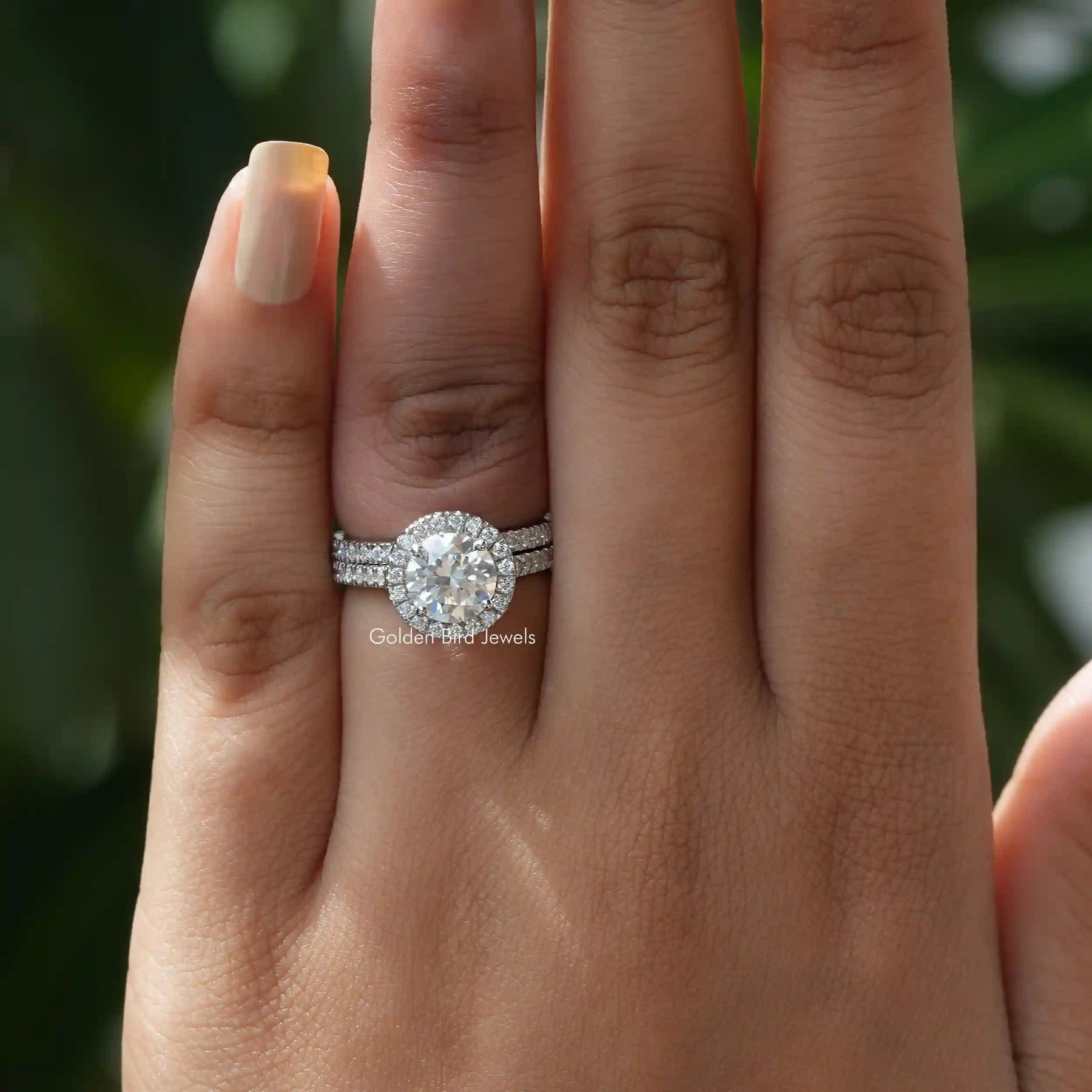 [In Finger Front View Of a Round Moissanite Wedding Ring Set In 18k White Gold]-[Golden Bird Jewels]