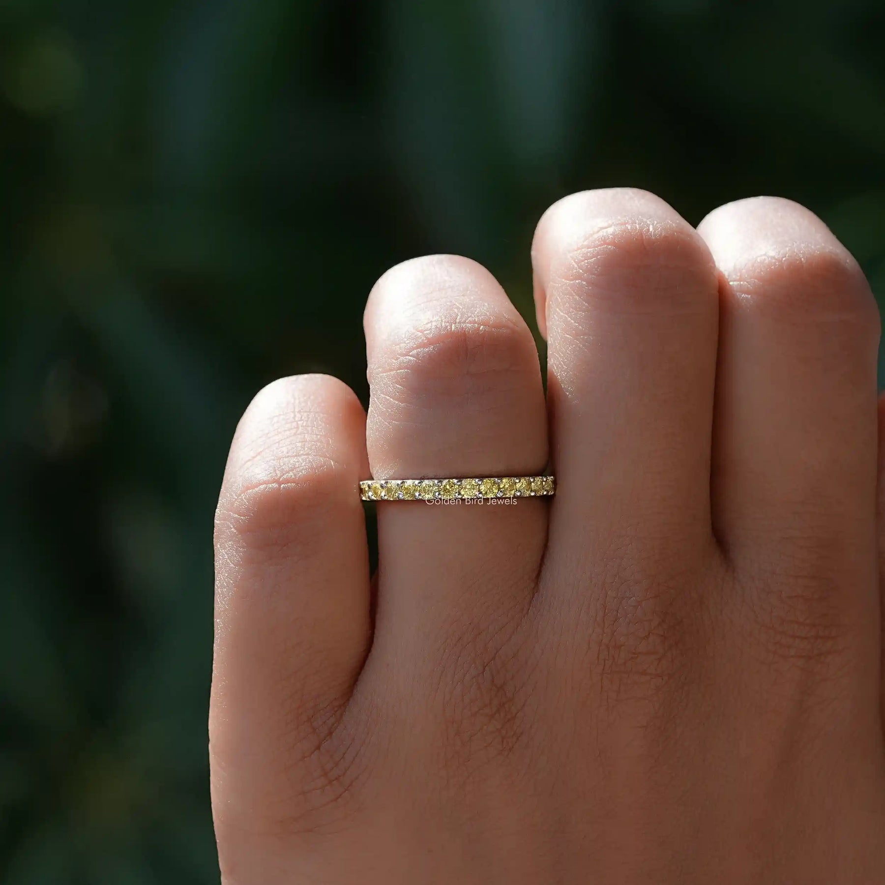 View of Citrine Yellow Round Eternity Band in prongs setting