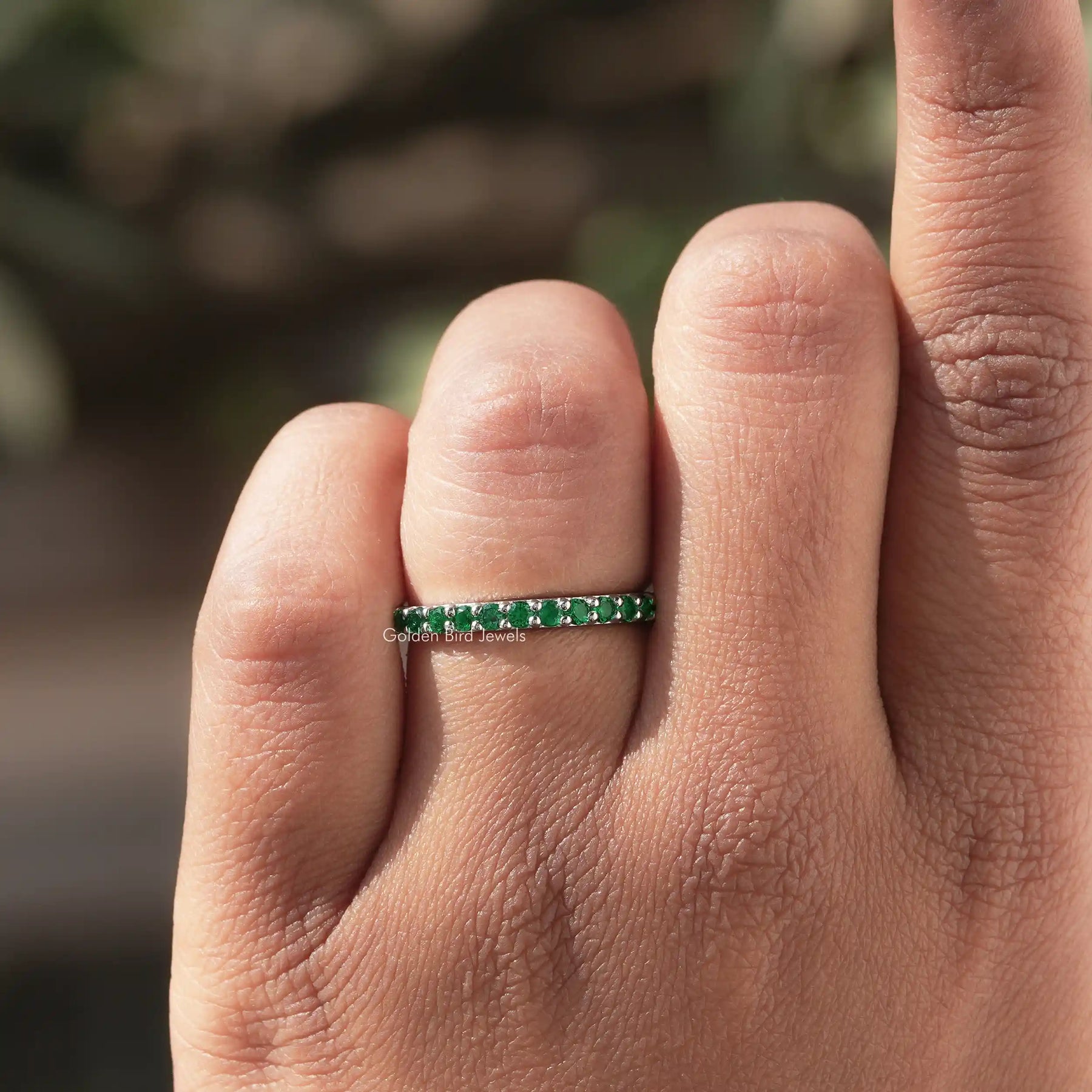 May Birthstone Emerald Green Round Eternity Band