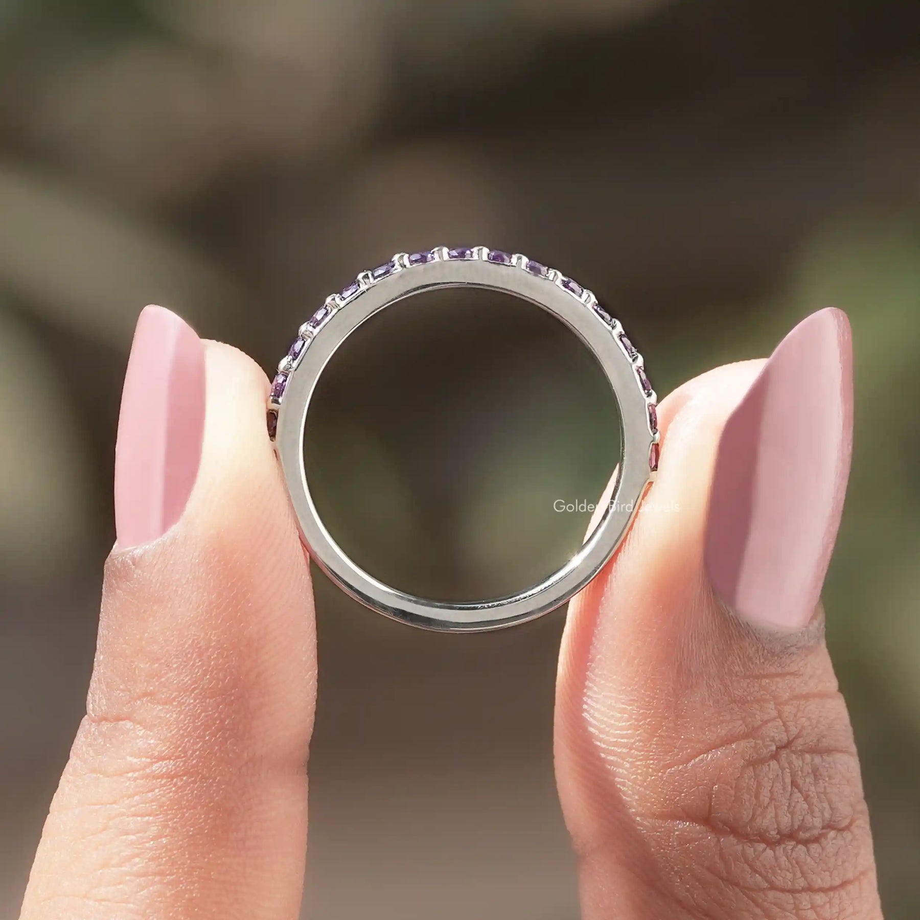 Back view of Purple Amesthyst Round Gemstone Half Eternity Band in secure setting