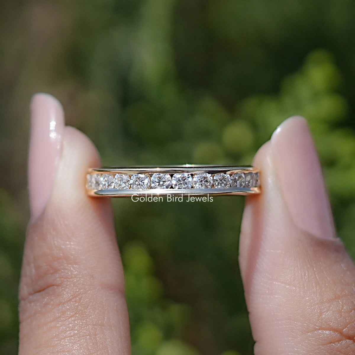 Lab Diamond Round Cut Half Channel Set Wedding Band