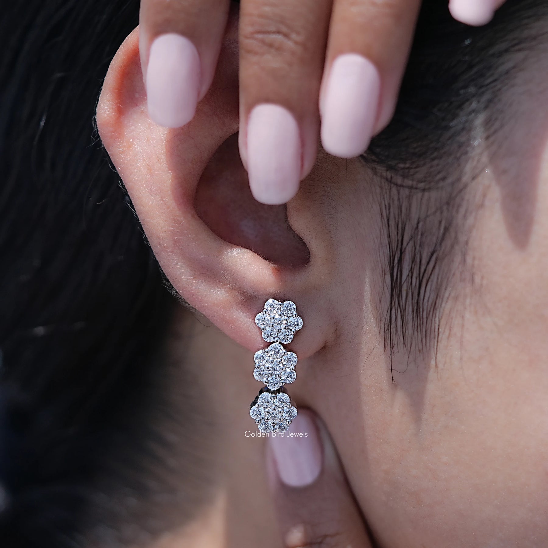 Round Moissanite Flower Style Cluster Earrings