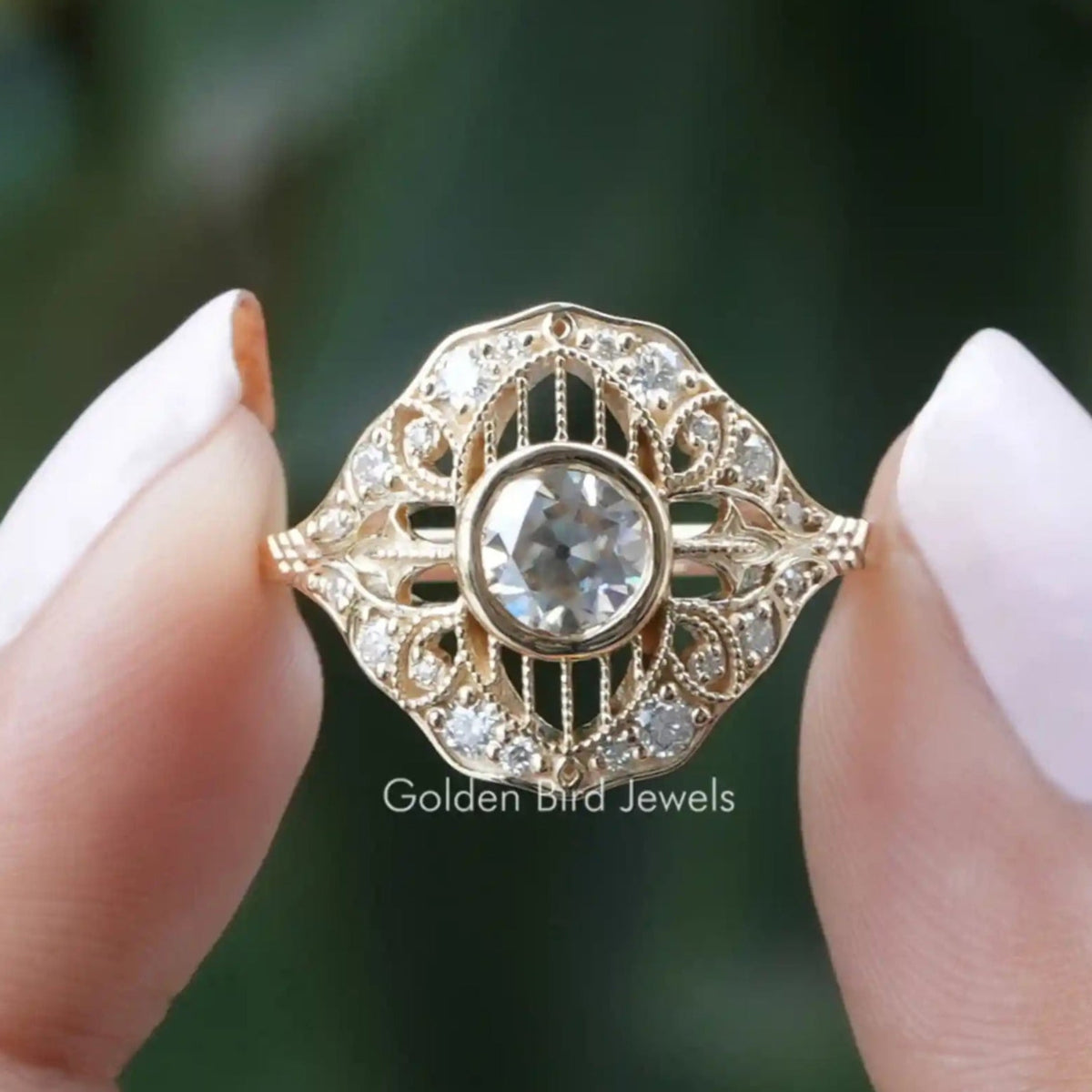 Front View of Round Cut Moissanite Vintage Engagement Ring In two Fingers