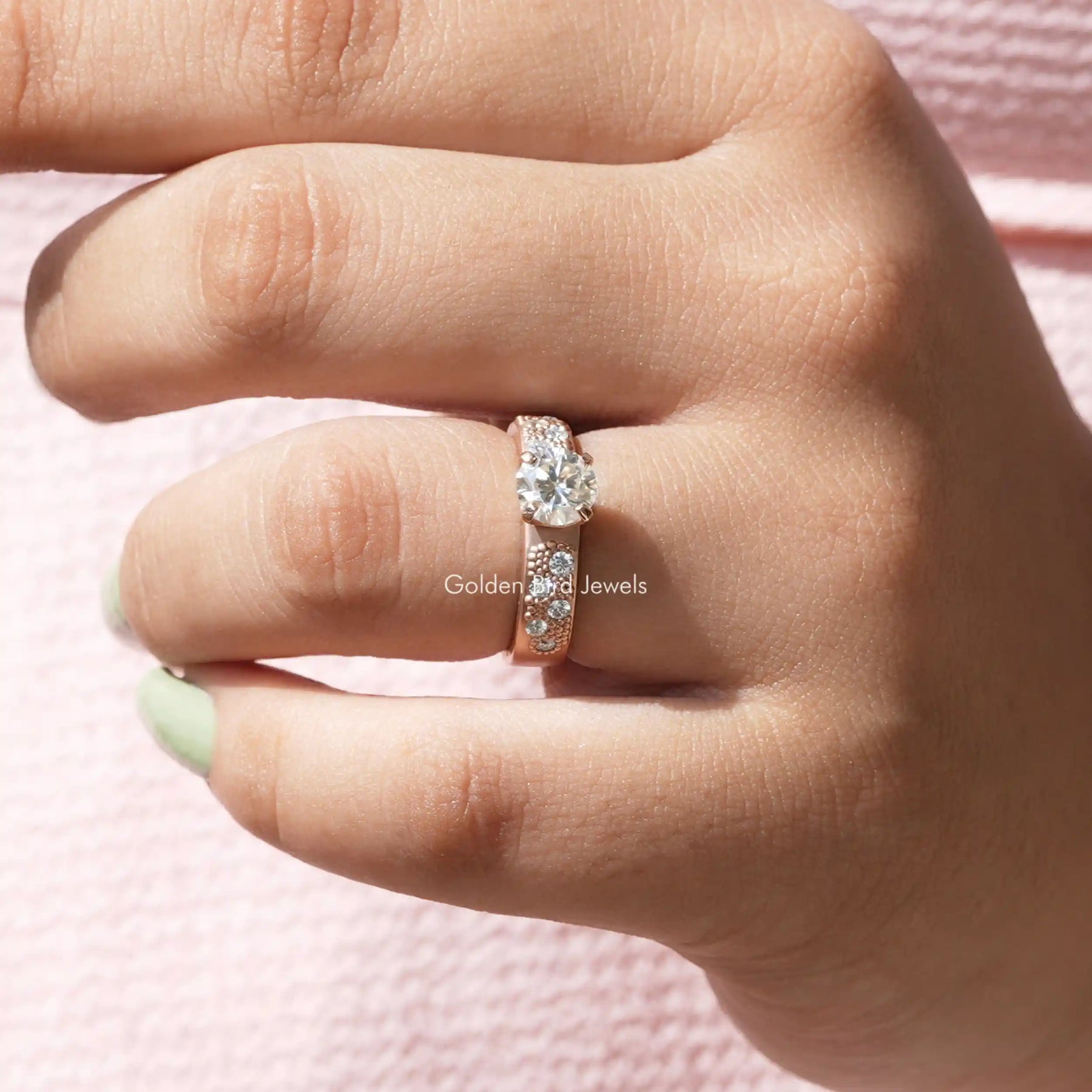 View of Round Cut Moissanite Rose Gold Ring In finger