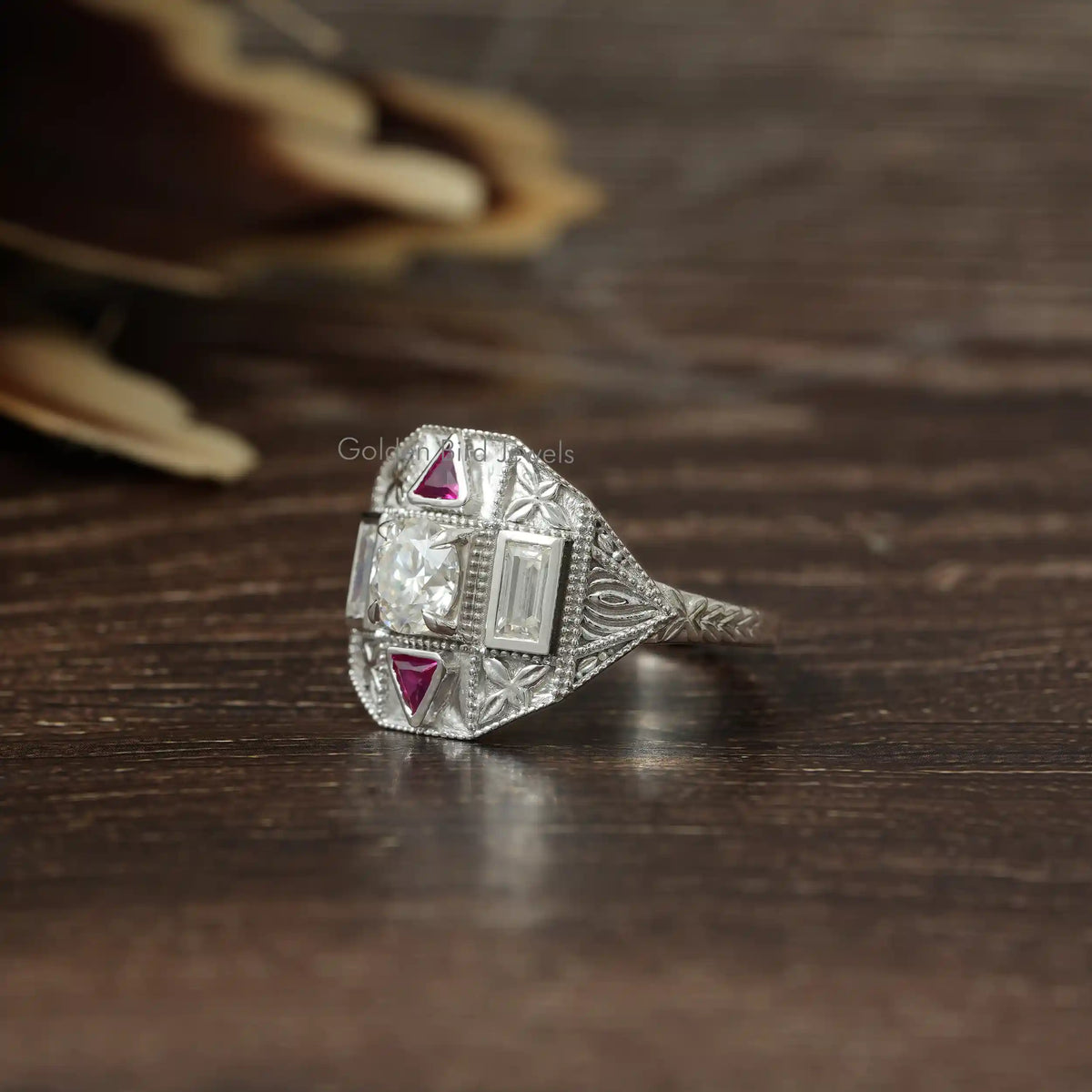 View of Round And Baguette Cut Moissanite Art Deco Style Ring
