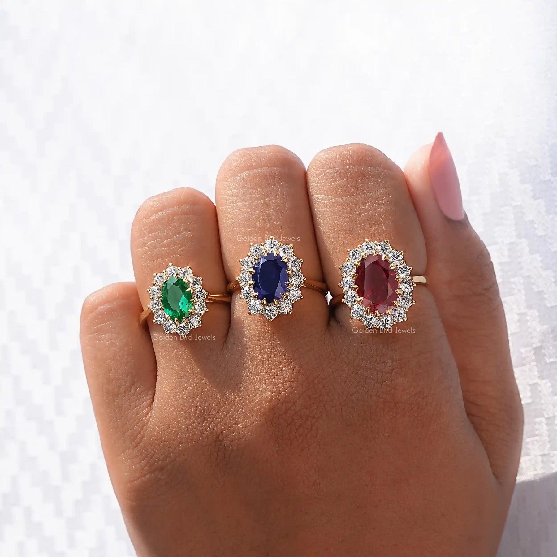 Blue Sapphire Oval Cut Gemstone Halo Ring In Yellow Gold