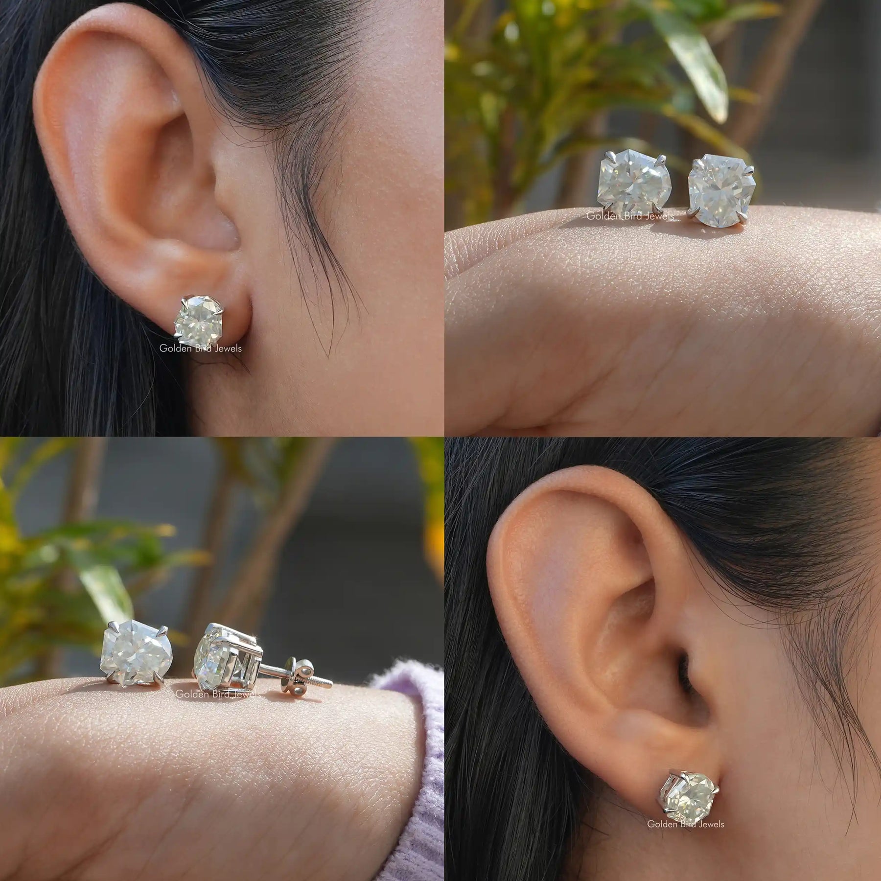 A different view of stud earrings crafted in moissanite stones