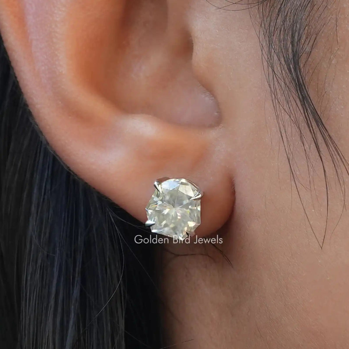 In Ear View Of moissanite Stud Earrings in four prongs setting