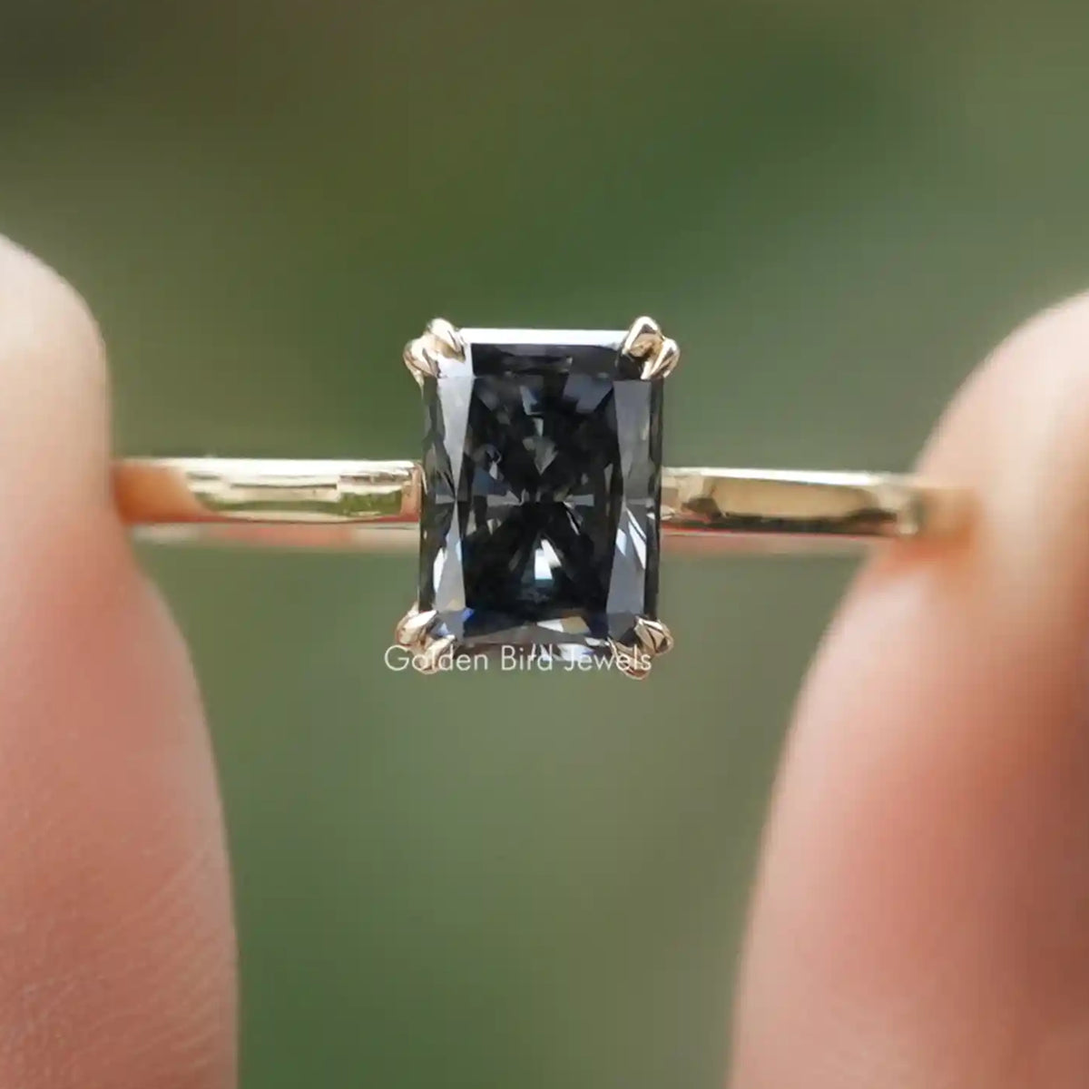 Front view of Dark Gray Radiant Moissanite Solitaire Ring