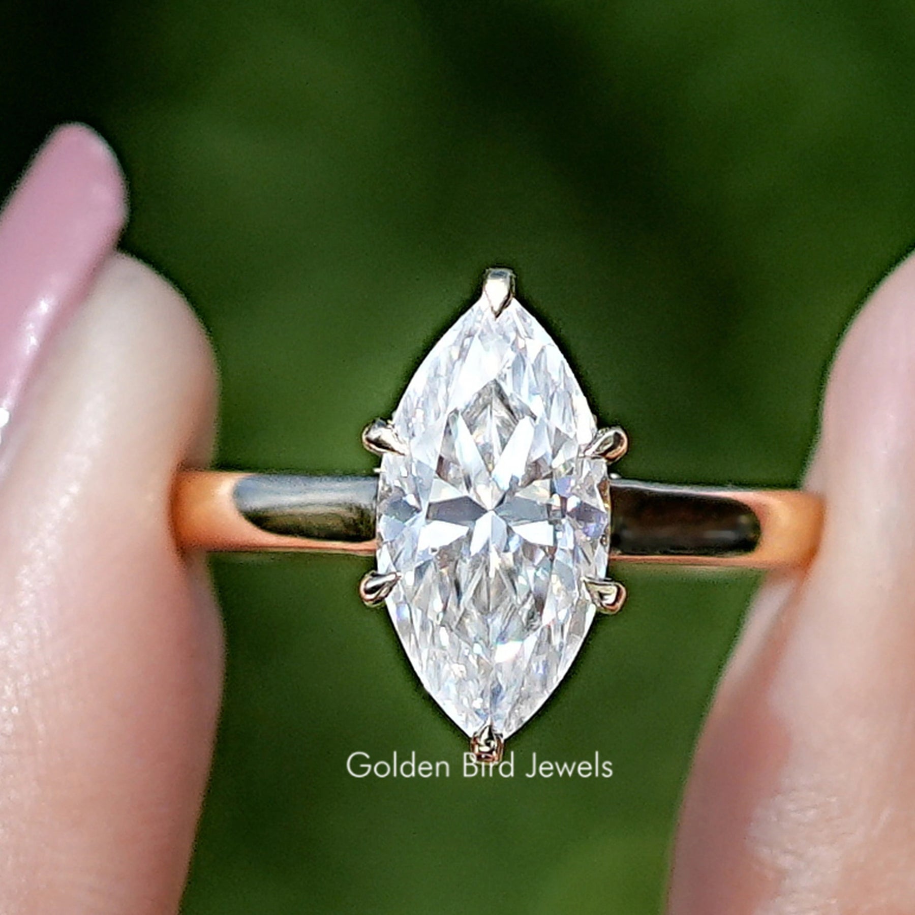 Front view of Marquise Moissanite Hidden halo Bridge Accent Ring