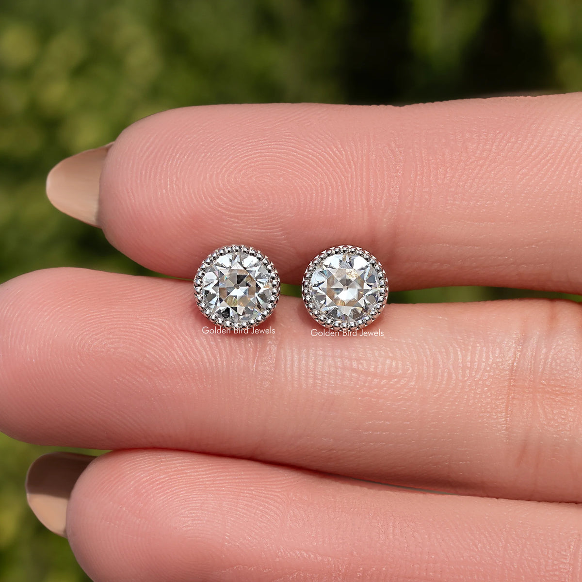 Front view of Old European Round Stud Earrings